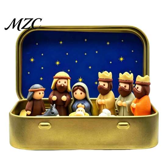 Mini Holy Night Figures Christmas Nativity Set in Tin Box, Hand-Painted Resin Scene Family Figurines, Portable Religious Tabletop Decor, Christian