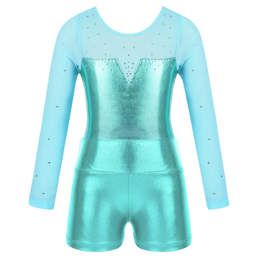 Mädchen Metallic Turnanzug Langarm Strass Patchwork Design High Waist Shorts Performance Set