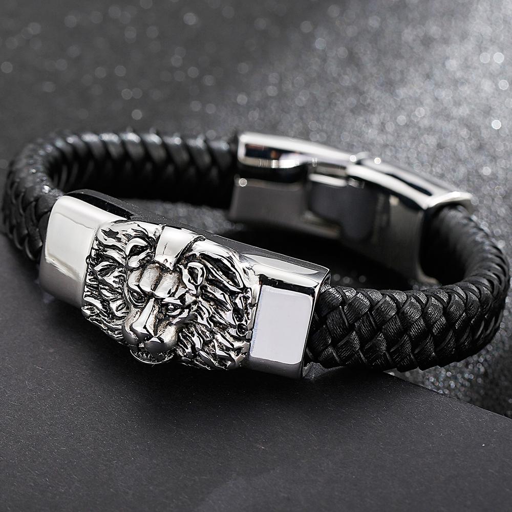 Gotiska Djursmycken 316L Rostfritt Stål Kung Lejonhuvud Armband för Män Herr Flätat Läder Manschett Wrap Armband Armband