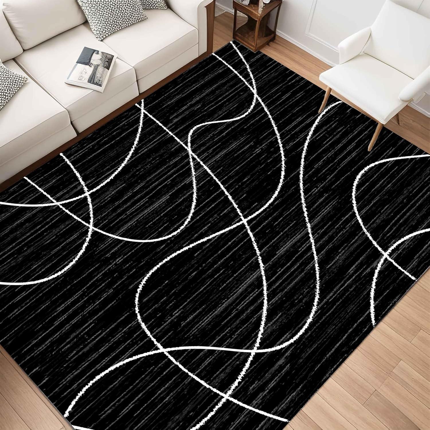 

Black Modern Area Rug,Washable Black White Striped Bedroom Rugs, Modern Rug, Non Slip Floor Carpet for Living Room Dorm Office 40X60cm