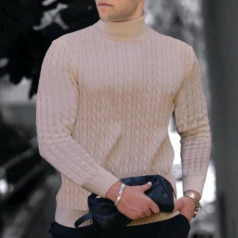 Autumn Winter Men's Knit Sweater High Neck Warmth Fashion Solid Color Slim Fit Male Bottoming Tops Jacquard Pullovers