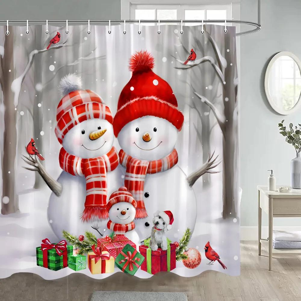 Christmas Snowman Shower Curtain Winter Forest Red Berry Birds Snowy Scene Xmas Bath Curtains Fabric Wall Hanging Bathroom Dec