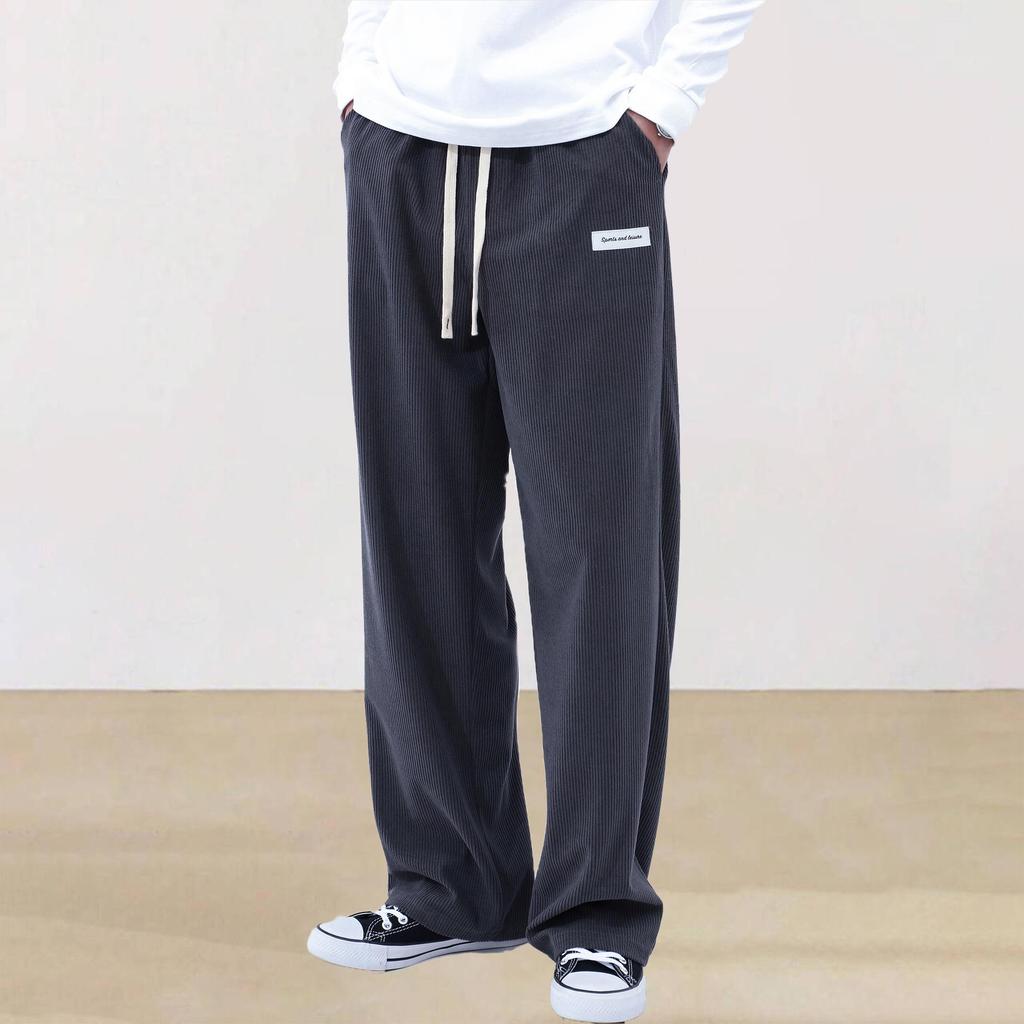 Men's Corduroy Drawstring Sweatpants - Solid Color, Straight-Leg, Cool, High-End, Wide-Leg, Long Pants.