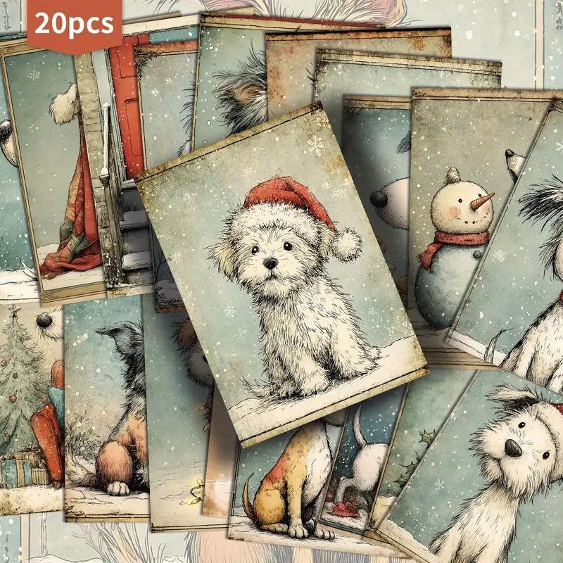 

20-Pack Retro Cute Dog Christmas Postcards - Classic Illustration Style of Puppies in Santa Hats and Cozy Winter Scenes