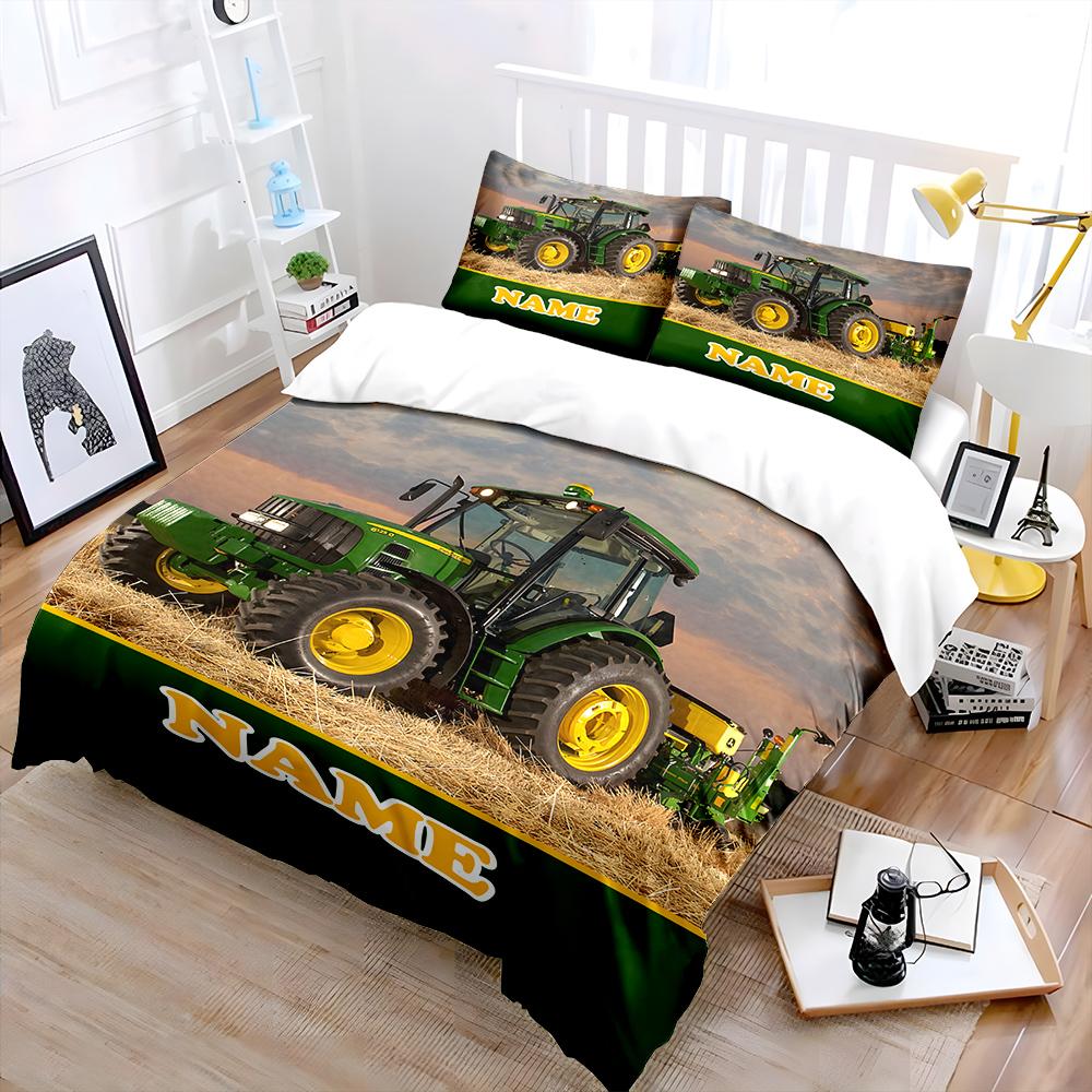 3Pc Custom Name Farm Tractor Printed Bedding Set Cartoon Anime Duvet Cover Comforter Pillowcase Boys Girls Children Adults King