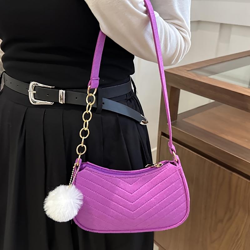 Women'S Chic Shoulder Bag with Pom-Pom Charm - Stylish Quilted Pink Handbag, Fixed Strap, Zip Closure, Polyester Lined