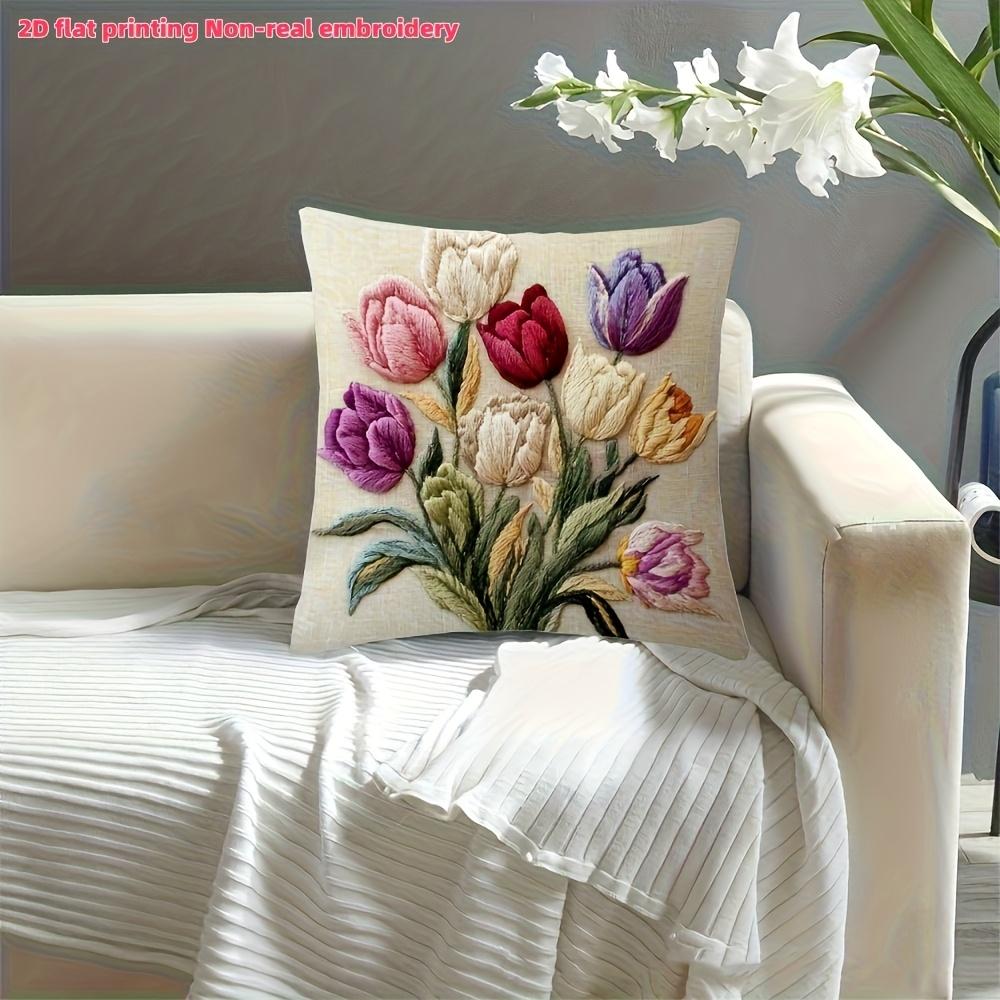 2D flat- Vintage Tulip Floral Throw Pillow Cover 2D Flat Printed Decorative Cushion Case For Home Sofa Bedroom Living Room