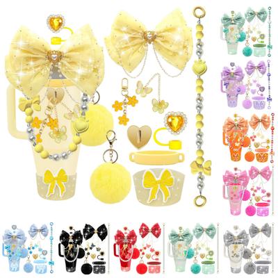1 Set Cup Sleeve Sparkling Rhinestones Bowknot Plush Ball Decor Faux Pearls Lanyard Cup Accessories with Silicone Bottom Protector