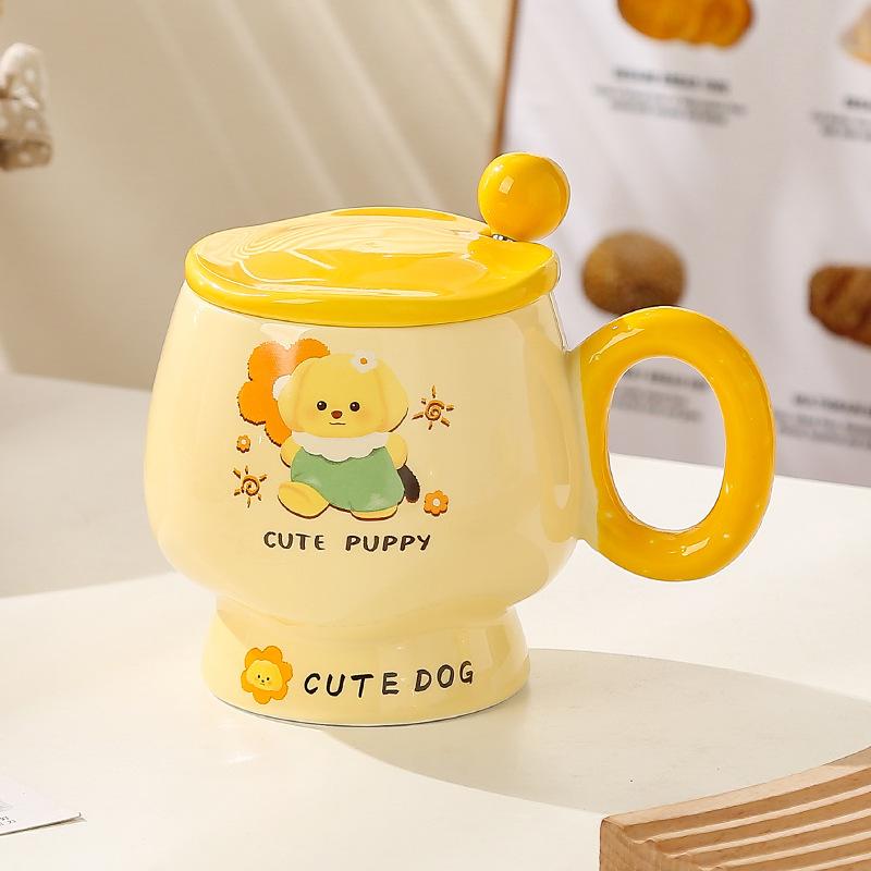 Cană de desene animate cu capac și linguriță, cană ceramică drăguță pentru fete cu aspect deosebit, cană pentru apă pentru acasă, cană pentru cafea, cană pentru micul dejun pentru copii
