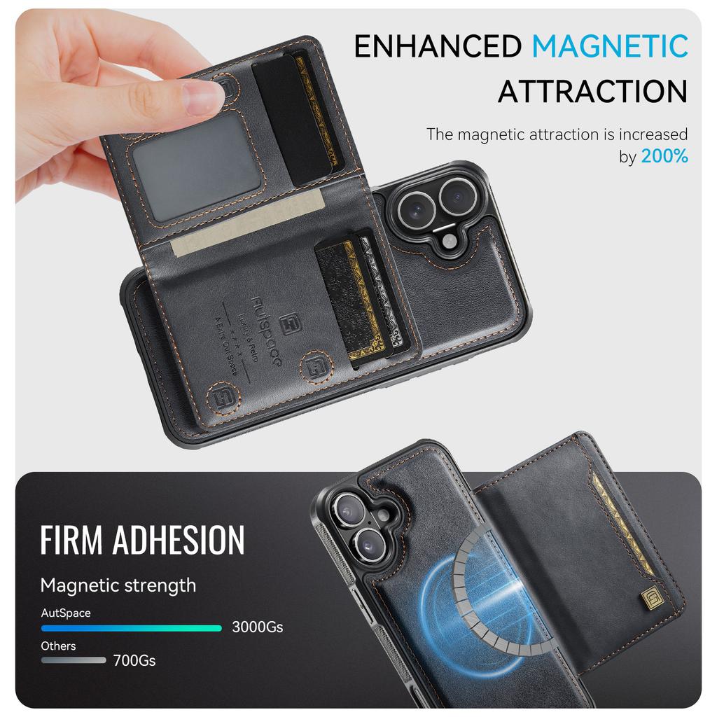 For iPhone 16 Case AUTSPACE A13 Vintage Leather Back Cover with Magnetic Detachable Card Bag