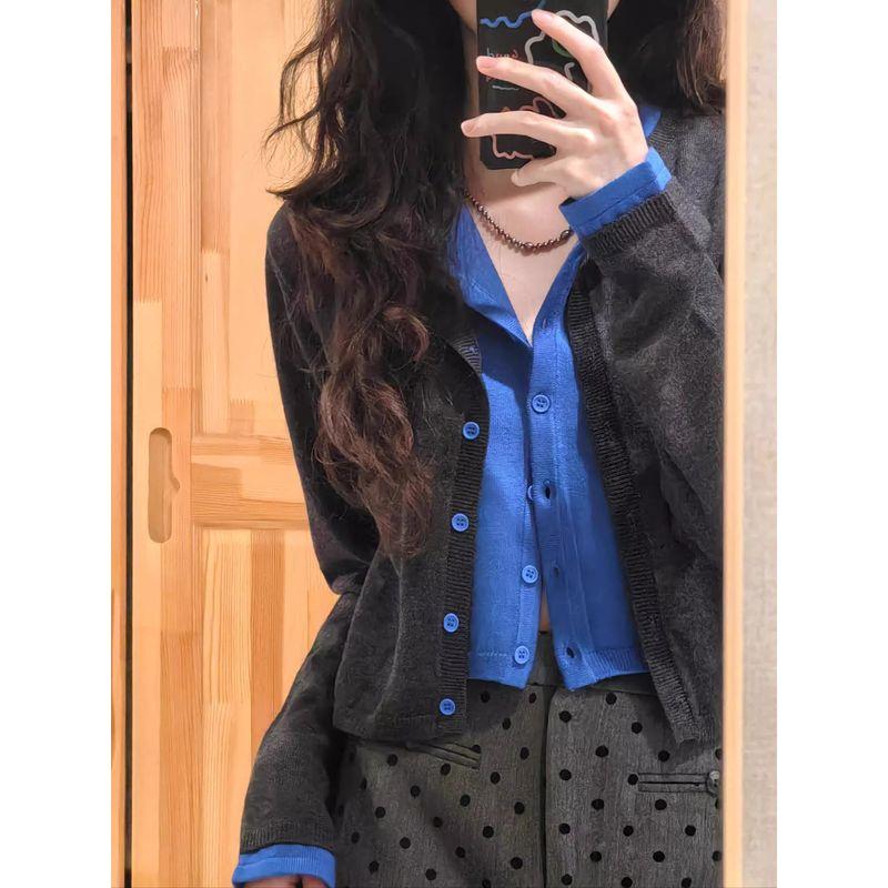 

Contrast Color Soft Glutinous Cardigan Retro Jacket Fake Two-Piece Dark gray + dark blue M