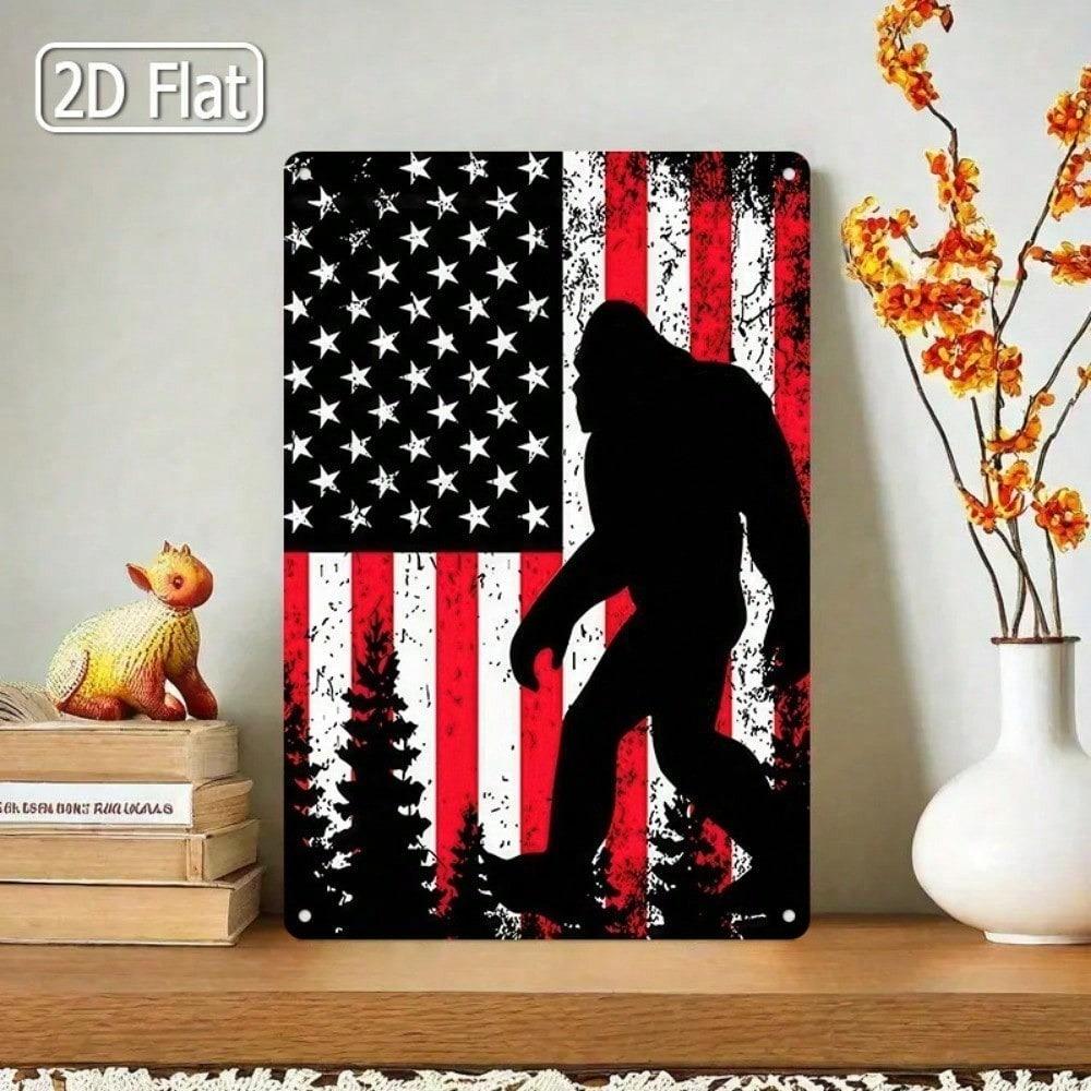 Bigfoot Metal Tin Sign American Flag Rustic Wall Decor Man Cave Gift