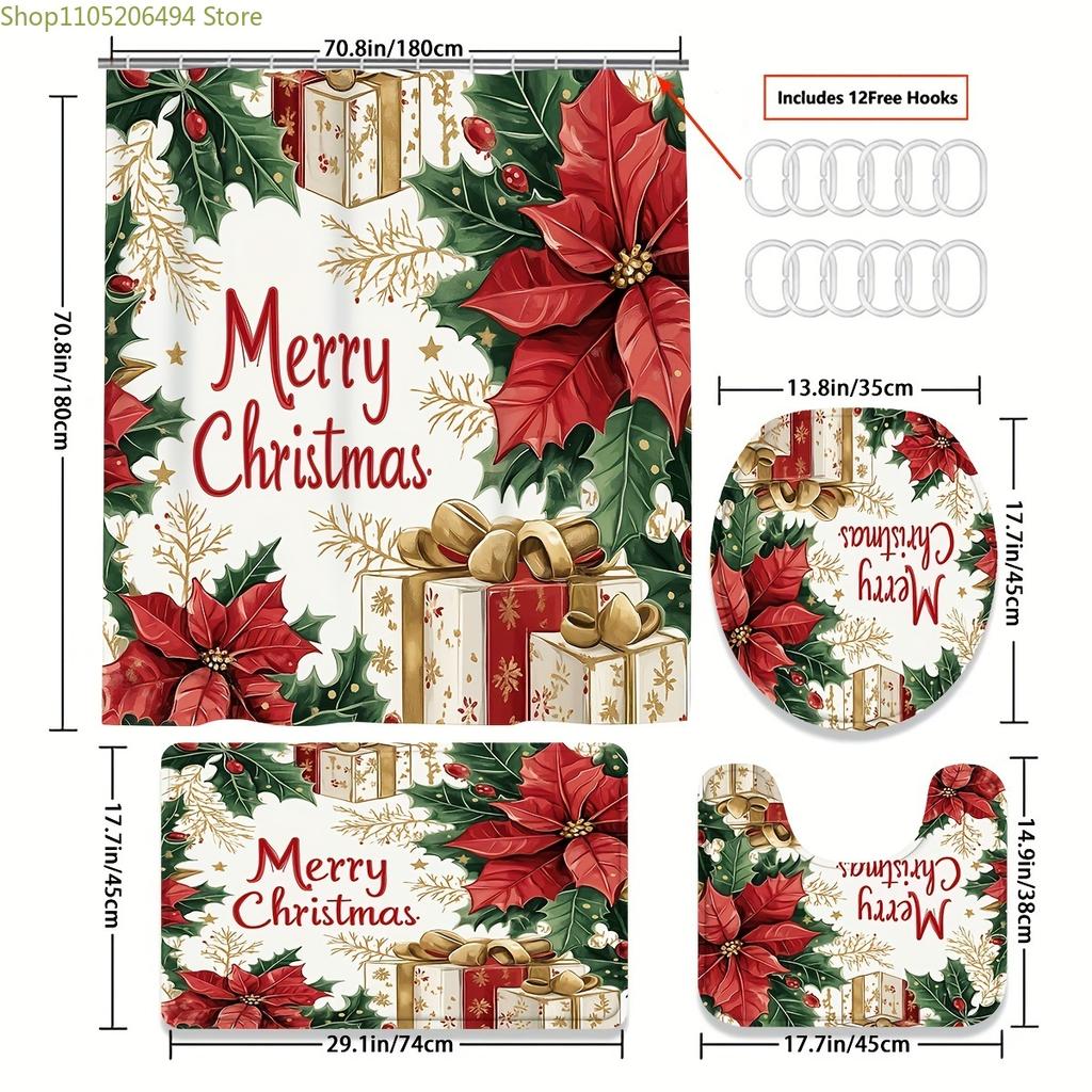 1/4pcs Merry Christmas Winter Shower Curtain Set, Ball Poinsettia Gift Box Bow Vintage Red Green Shower Curtain for Christmas