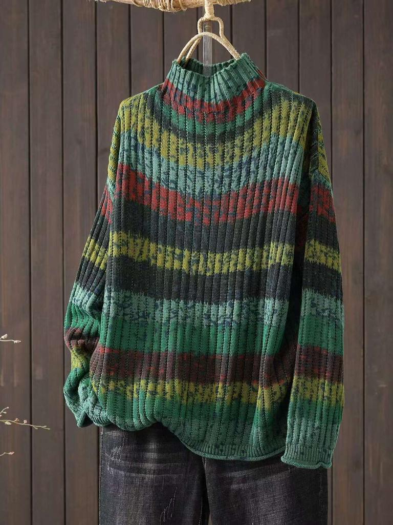 Johnature Women Vintage Striped Pullover Sweaters Mock Neck Long Sleeve Spring Long Sleeve Casual Sweaters