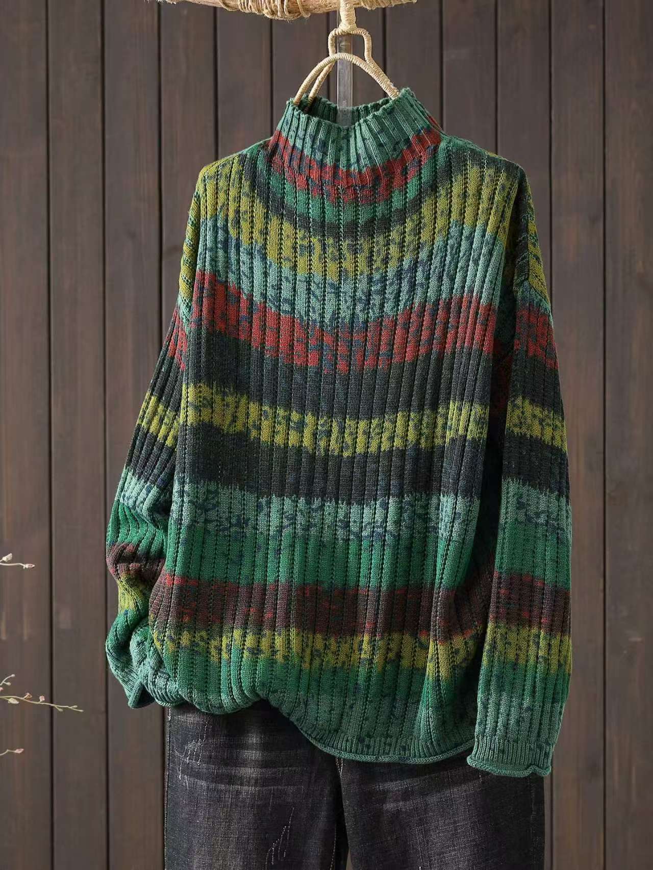 

Johnature Женские винтажные полосатые пуловеры с воротником-стойкой, с длинным рукавом, весенние, повседневные One Size зелёный