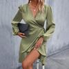 Yousheng Women Mini Dress V-Neck Lantern Long Sleeve Side Lace-up Dress Solid Color Smooth Satin Ruffle Trim Dress