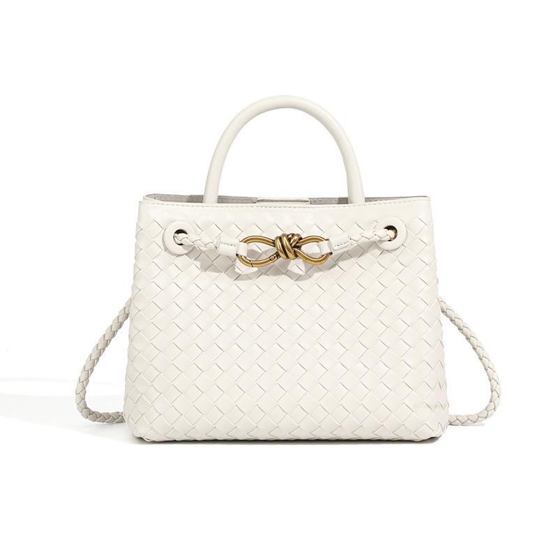 Niszowy Design Nowa Metalowa Klamra z Lina Pleciona Torba Tote na Ramię Przenośna Torba Messenger Retro Pasująca do Wszystkiego Prosta Torba Damska 25cm*9cm*19cm biały