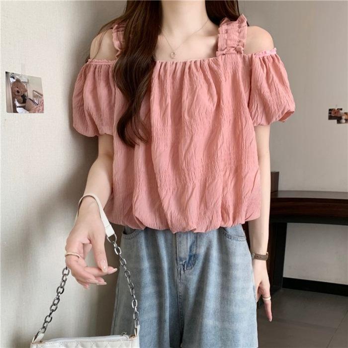 

One-word shoulder suspender shirt women s bubble sleeves short with high-waisted pants annual summer loose-minded off-the-shoulder top S розовый