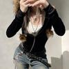 Kardigan z kapturem Y2K w estetycznym stylu z piórami, z czarnego aksamitu, z futrzaną kulką, z zamkiem błyskawicznym, kurtki, płaszcze w stylu retro gotyckim