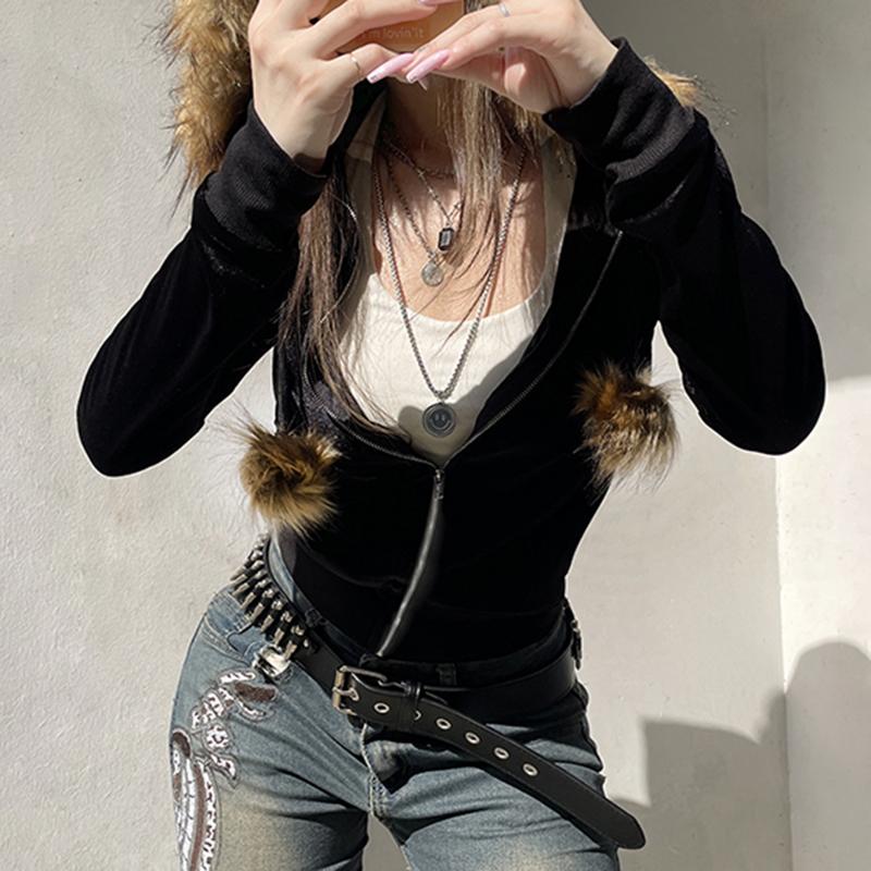 2KWEIRD Y2K Aesthetic Faux Feathers Hooded Cardigan Black Velvet Furry Ball Decorate Zip Up Hoodies Jackets Retro Gothic Coats