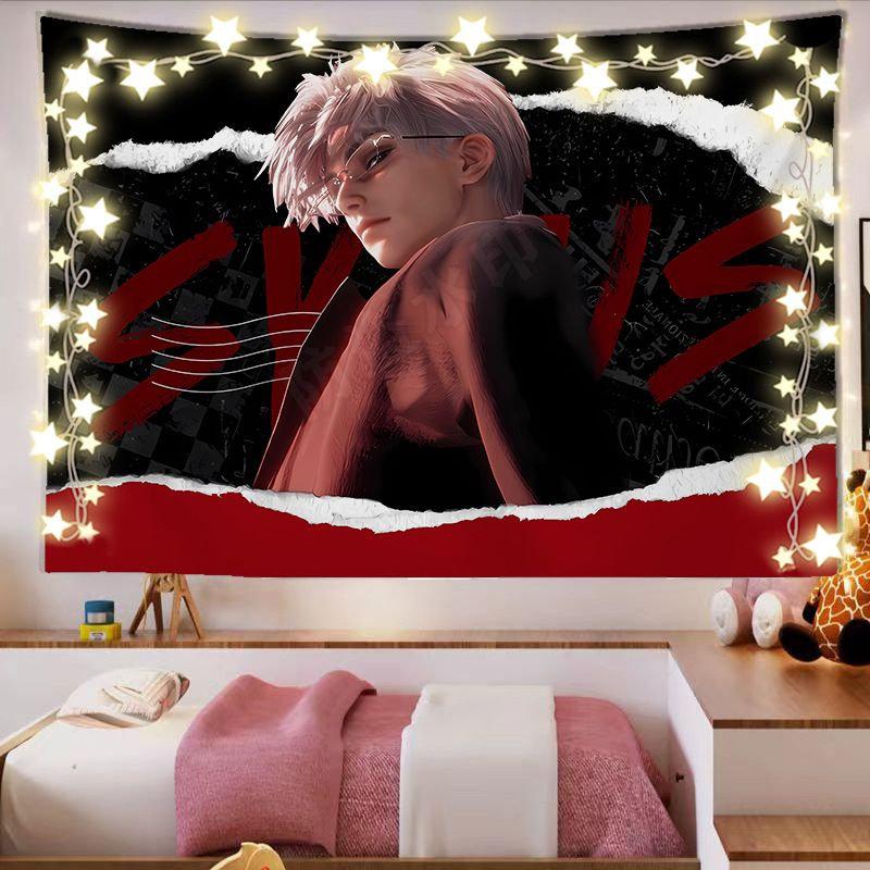 Romantic Anime Couple Tapestry Wall Hanging Night Embrace Silver Hair Manga Aesthetic Wall Art Indie Bedroom Decor