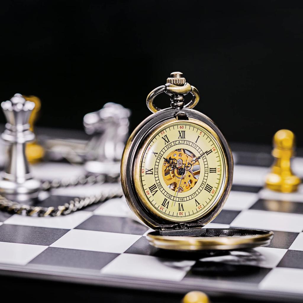 TREEWETO Mechanische Taschenuhr mit Hirsch-Design, Hohlgehäuse, Steampunk-Bronze, Römische Ziffern und Kette