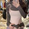 2KWEIRD Korean Woman T Shirts Fake Two Chic Tees Long Sleeve O-neck Ruffles Sweet Camisetas Bandage Casual Y2k T-shirts