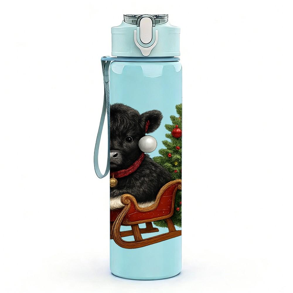 1PC Bear Christmas Sleigh 750ml Color Plastic Sports Water Bottle Leakproof Flip Straw Lid Suitable for Sports Office Home Use