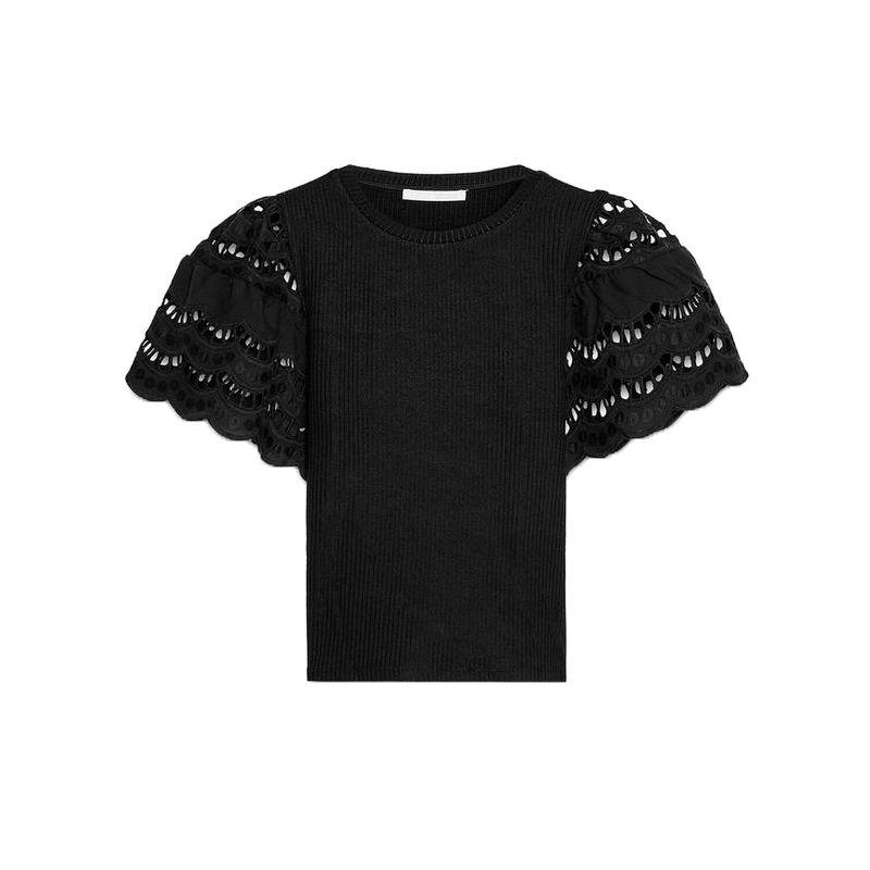 Spring and Summer New Women's Clothing Cotton Silm Straight-leg Cut Out Embroider Sleeves Crew Neck T-shirt Top 1058159