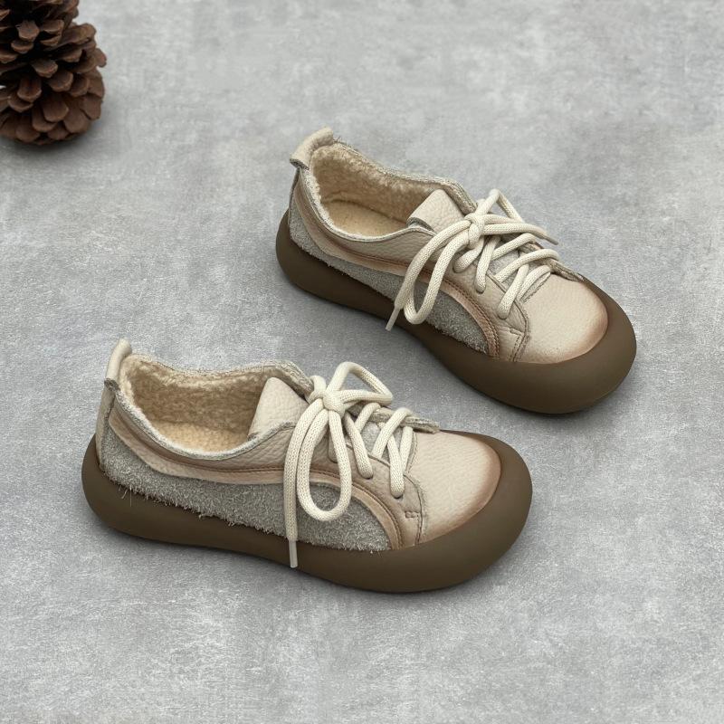 Johnature Retro Flats Genuine Leather Plush Warm Cotton Shoes Cow Leather Thick Soled Women's Shoes