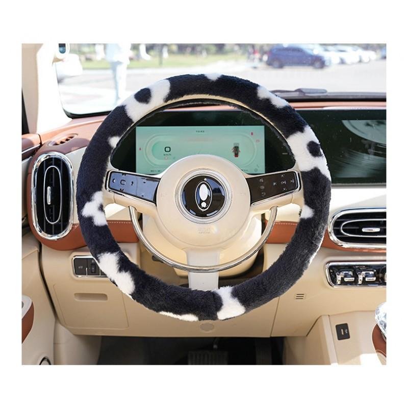Winter Fleece Steering Wheel Cover Car - Soft Plush Black White Floral Design Universal Fit 38cm Diameter