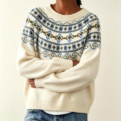 Autumn And Winter Loose New Fair Island Jacquard Knitted Sweater Versatile Pullover Round Neck Embroidered Knitted Sweater