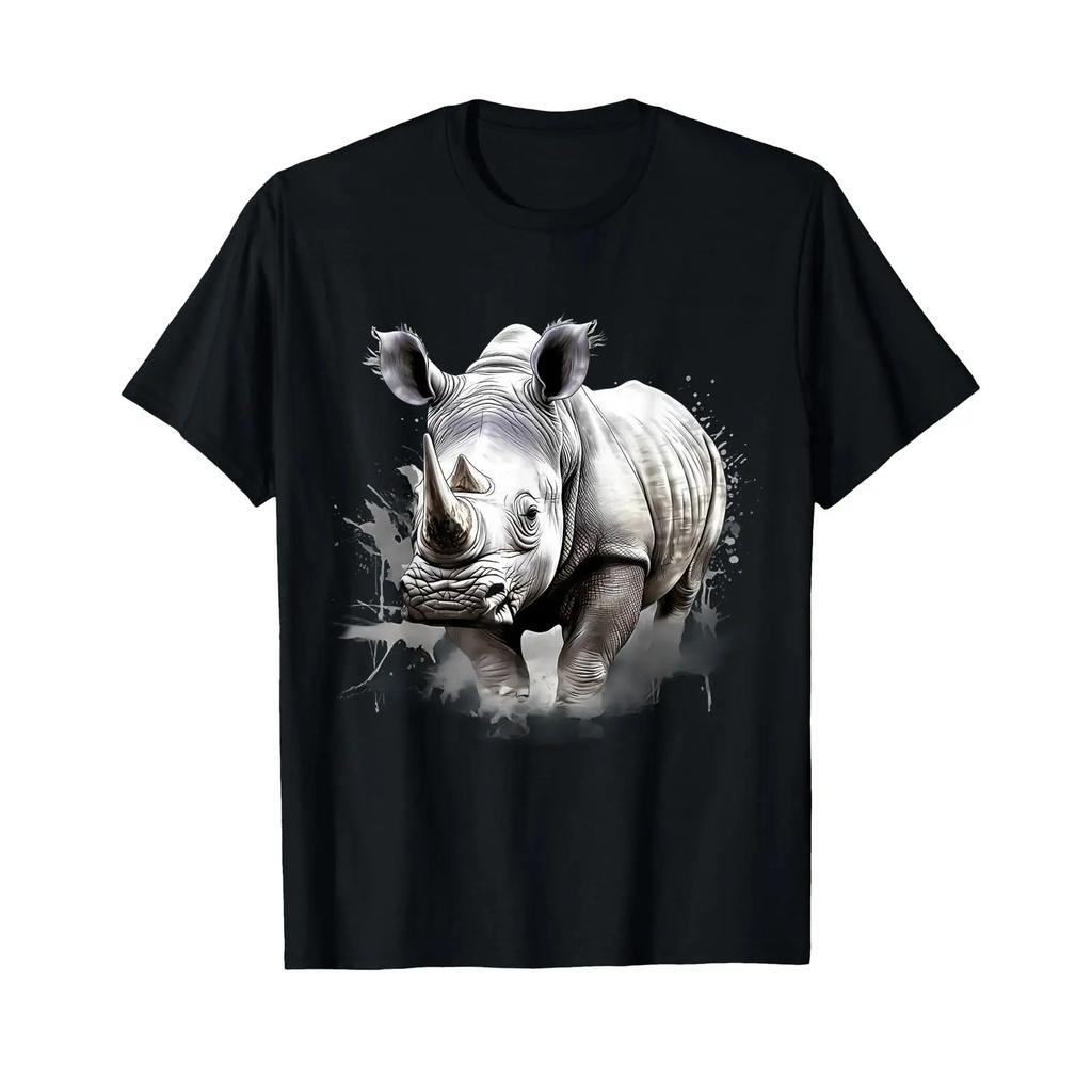 Rhino Drawing Animal Print Wildlife Safari Motif T Shirt Black Vintage Washed Fashion Top For Everyday Wear Comfortable