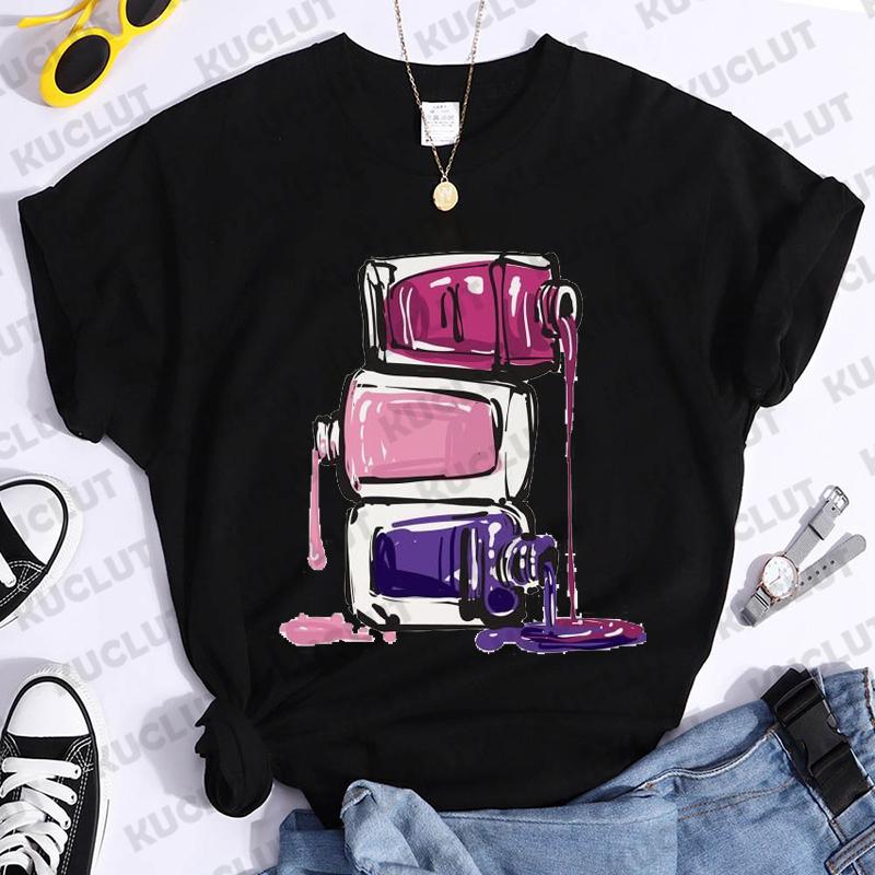Nail Polish Print Tshirt Unisex Makeup Beauty Aesthetic Graphic T Shirt Female Tee Tops Cosmetics Black Tshirt Ladies Tee Clothes
