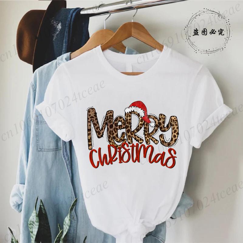 Leopard Merry Christmas Print TShirts Crew Neck Tshirt Casual Short Sleeve Top for Christmas Unisexs Clothing Tshirt Top