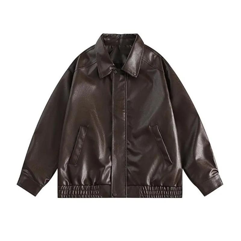 

Модная корейская короткая кожаная куртка для мужской повседневной куртки из ПУ свободного коричневого стиля для весны и осени L коричневый