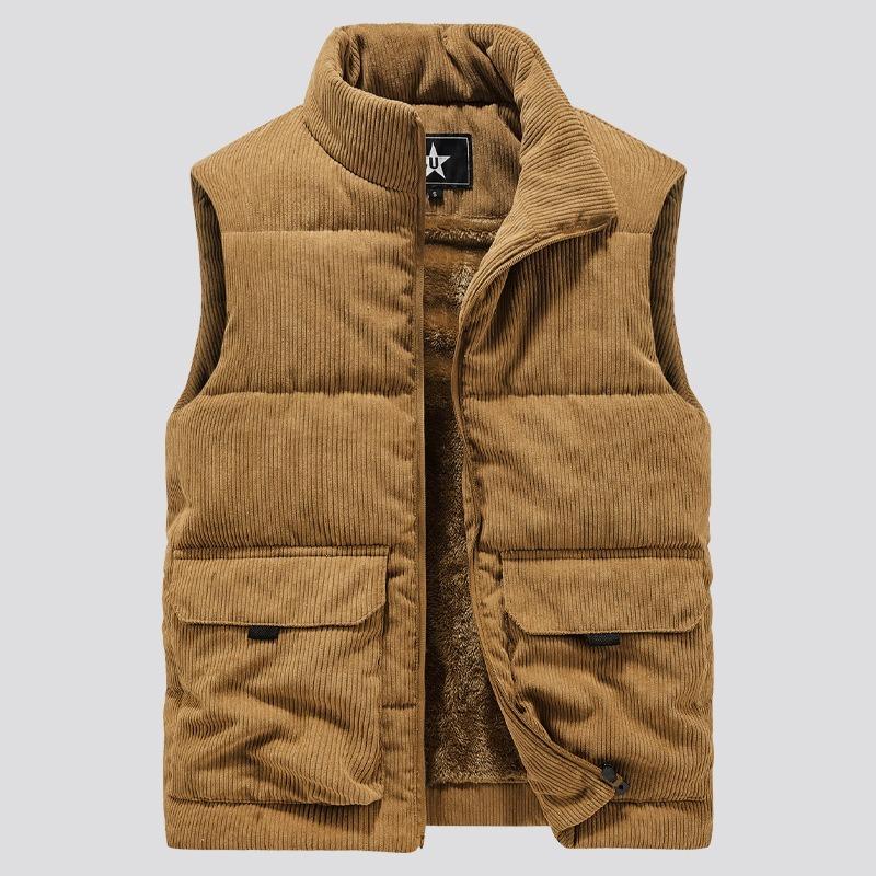 Corduroy Vest for Men In Autumn and Winter, with Thick Velvet, Stand Up Collar, Horseclip, Oversized Workwear, Vest, and Warm Cotton Jacket