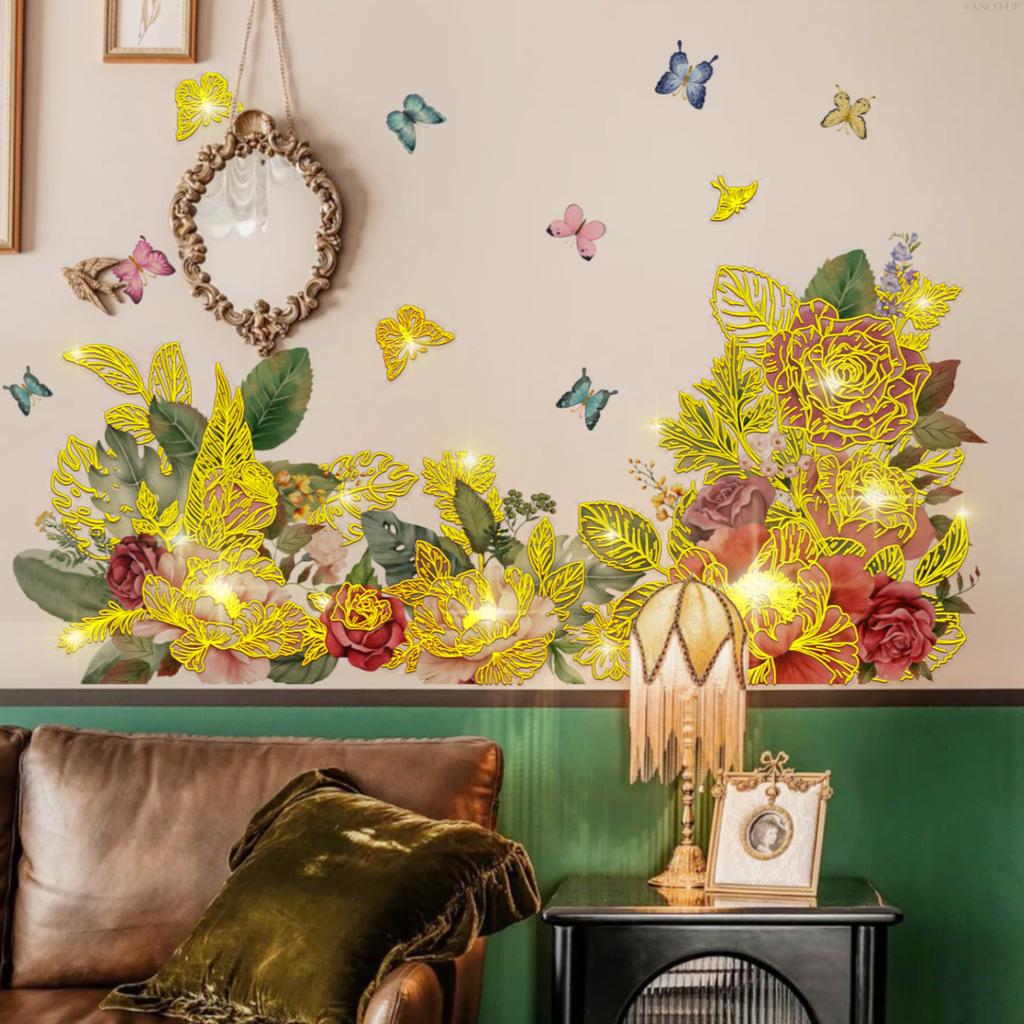 Hand-Painted Flowers, Green Leaves, Butterflies, Bronzing Wall Stickers Decorate Children'S Room, Bedroom Background Self-Adhesive Wall Stickers