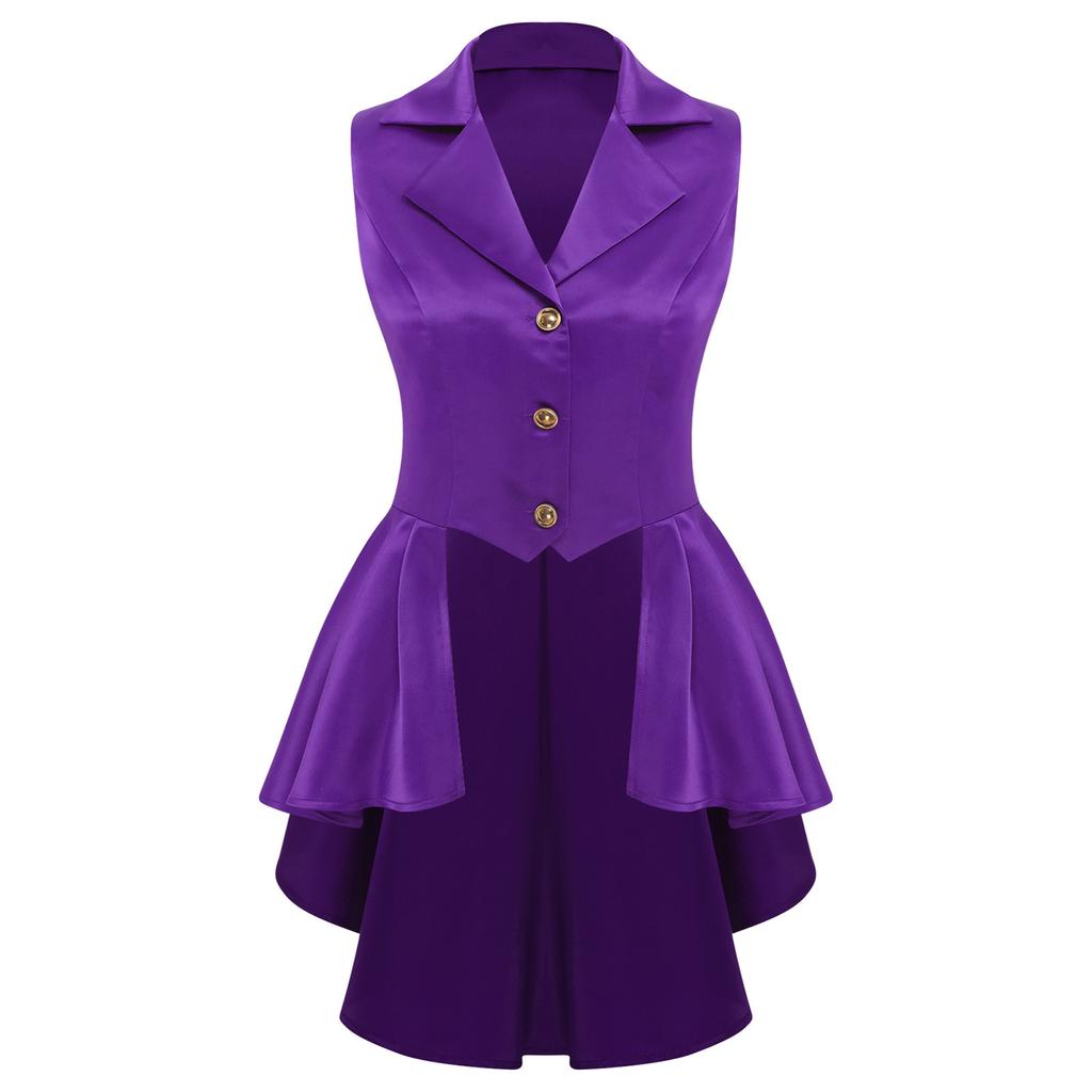 Womens Victorian Style Waistcoat Turn Down Collar Sleeveless Design Front Buttons Asymmetric Ruffle Hem Jacket Top