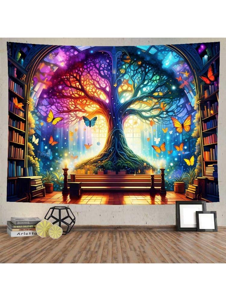 Fantasy Library Tapestry Mysterious Tree Magic Bookshelf Tapestries Classroom Flannel Witchy Fairytale Tree Butterfly Vintage