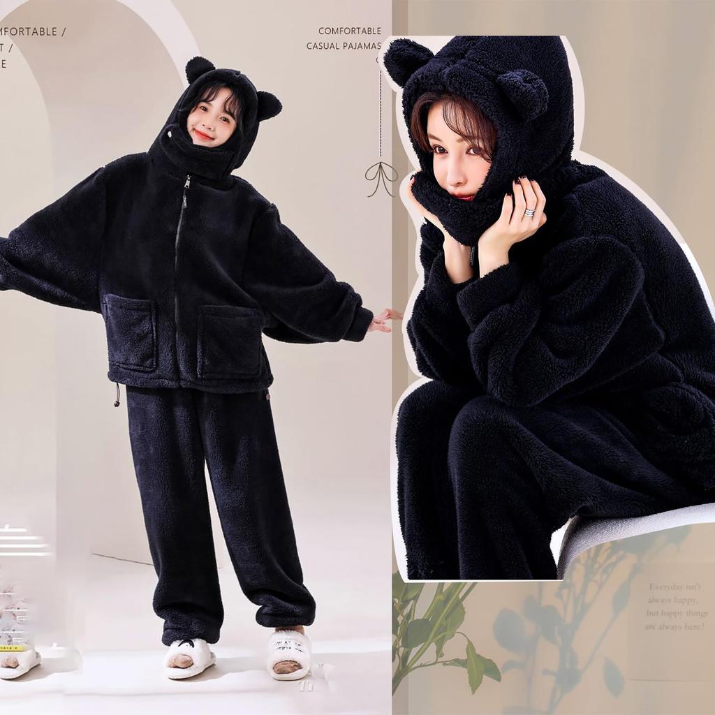 LAVASEON Winter Pajama Cute Animal Print with Bear Warm and Fun Open Thick Fleece Warm and Comfortable Loungewear for Fall and Winter Women's Set,
