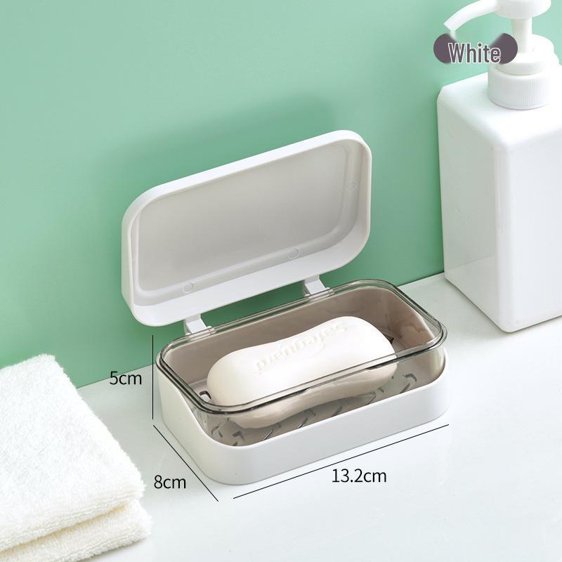 Flip-Top Double-Layer Soap Dish with Drain and Lid for Bathroom and Laundry