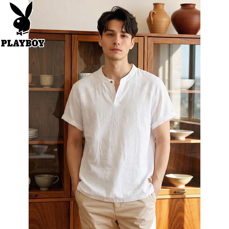 PLAYBOY Men's Pure Cotton Short Sleeve Stand Collar Shirt
