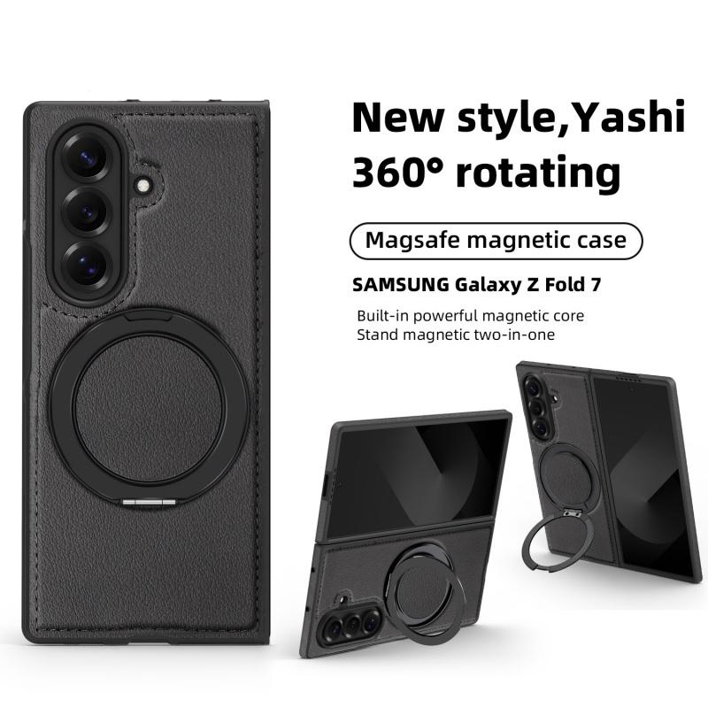 Für Samsung Galaxy Z Fold7 Fold6 Fold5 Fold4 Hülle Magsafe Magnetisch 360° Drehung Intelligenter Metallhalter Ständer Mattschwarze Lederhülle