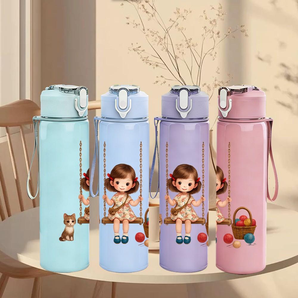 1PC Little Girl Swing Cartoon Print 750ml Color Plastic Sports Water Bottle Leakproof Flip Straw Lid Suitable for Sports Office Home Use