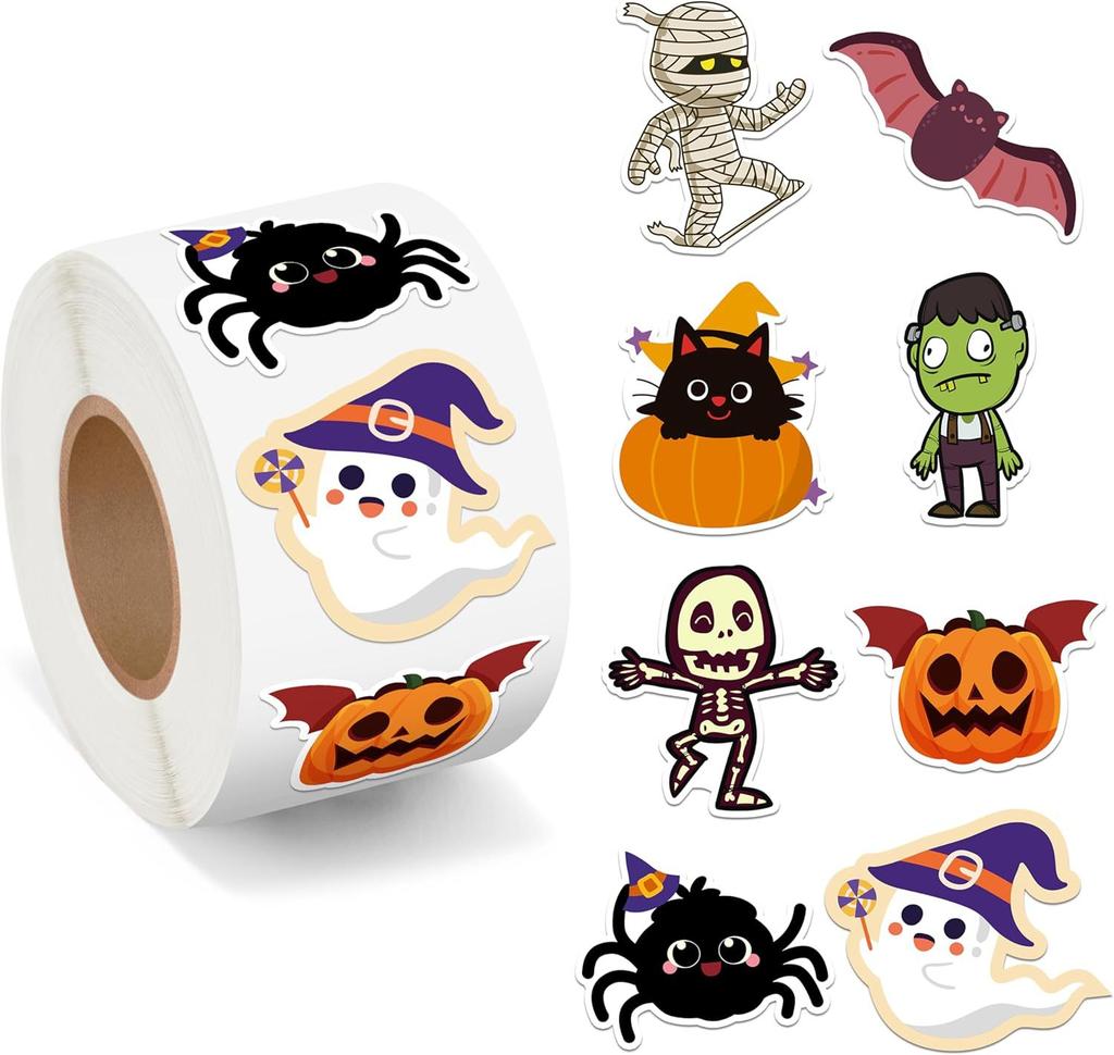 500pcs Roll Stickers Funny Halloween Sticker Roll Cute Pumpkin Ghost Skull Spider Bat Label Decal Graffiti Stickers DIY Phone