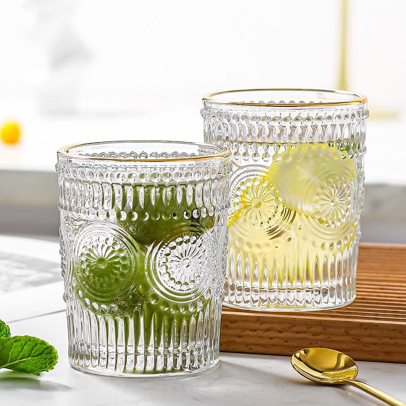 2 Stück 10,3 oz/12 oz Wasserbecher mit Sonnenblumenmuster und goldenem Rand, Bierbecher, Saft, Kaltgetränkebecher, Luxus-Tee-/Eiskaffeebecher, Trinkgeschirr