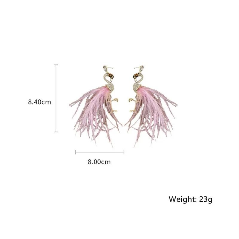 Korean Style Bird Drop Earrings for Women Pink Feather Rhinestone Dangle Earrings Fashion Zircon Accessories