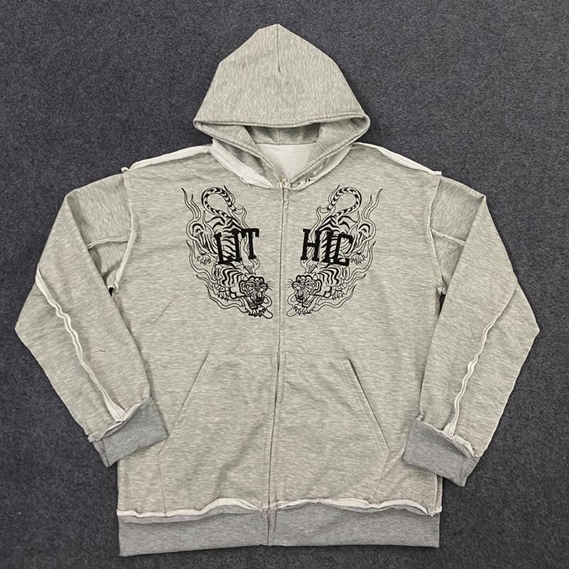 

Европейский и американский модный уличный стиль, персонализированная толстовка кэжуал с молнией, двухслойная, имитация двух предметов XL серый