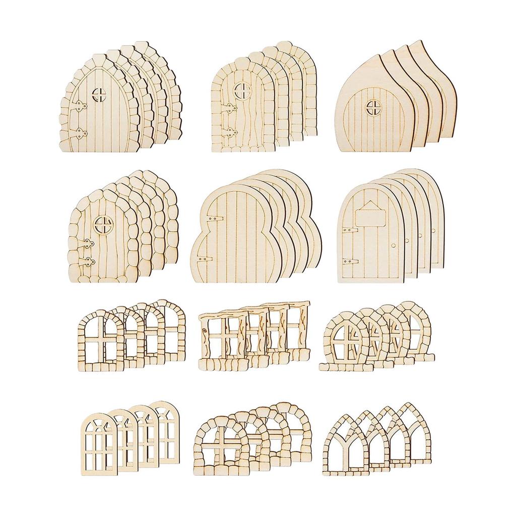 Puerta de Hada de Madera Miniatura Manualidad DIY Adornos Decoración Paquete de 48, Kit de Casa de Hada Piezas de Madera sin Terminar